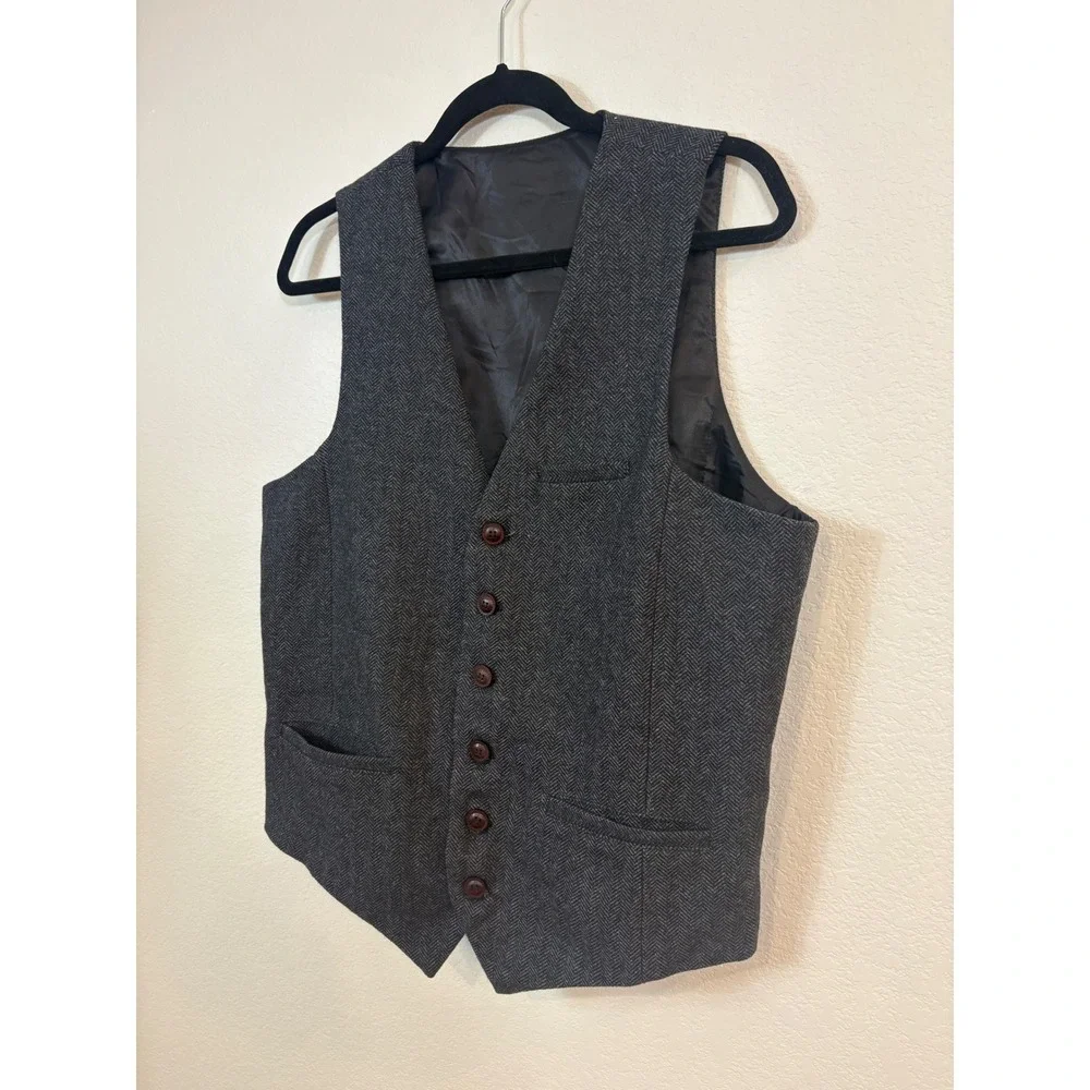 VOBOOM Vest Mens L Grey Wool Blend Herringbone Waistcoat Wedding Office Preppy